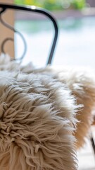 Close Up of Textured Cream Sheepskin Rug Warm Natural Lighting Indoors Soft Cozy Atmosphere