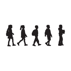 Students Walking to School Silhouette Set