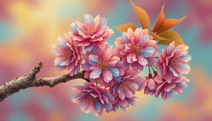 Close up of a delicate pink and blue cherry blossom branch covered in water droplets against a soft pastel bokeh background