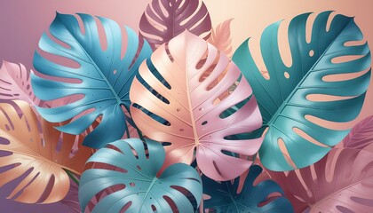 Group of monstera leaves in pastel teal blush and gold hues with a soft gradient background and subtle lighting