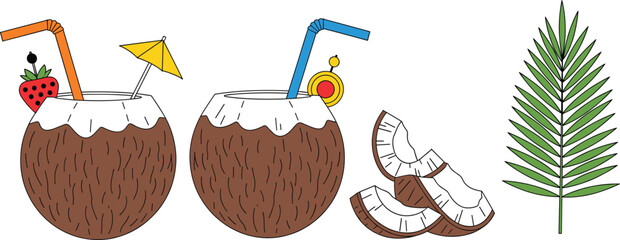Tropical coconut cocktail drinks vector illustration set with fresh fruit slices, decorative straws, umbrella, and palm leaf, representing summer vacation, beach, and exotic refreshment.