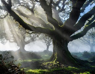 Misty Forest Sunlight Rays Filtering Through Ancient Oak Tree Branches with Moss in Early Morning Light