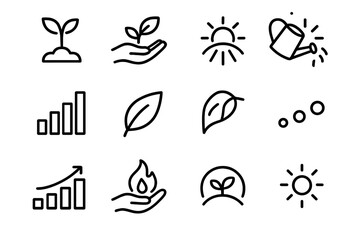 Growth Icon Series. Growth & Nurturing Themes linear icon set: sprouting plant, nurturing hand, sunlight beam, growth bar, gentle leaf, watering can, steady steps, caring flame