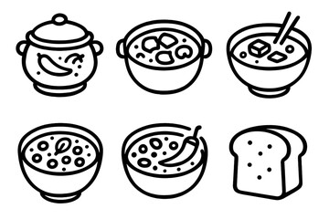 World Stews Icons. Global Stews linear icon set: curry pot, beef stew, miso soup, lentil stew, chili bowl, bread slice