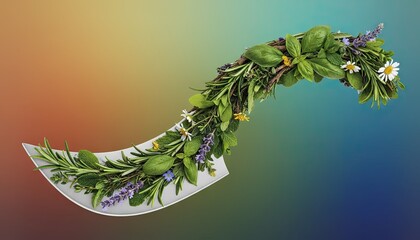 Curved Arrangement of Fresh Green Herbs and White Daisy Flowers on a Smooth White Surface Against a Colorful Gradient Background