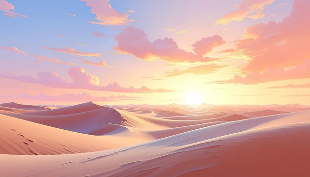 Pixel art desert landscape at sunrise with soft pastel clouds and warm golden light illuminating rolling sand dunes under a clear sky
