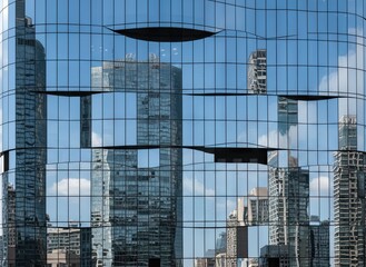 Modern Glass Building Facade Reflecting City Skyline and Blue Sky with White Clouds on a Sunny Day