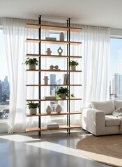 Modern Living Room with Open Shelving Unit filled with decorative objects and plants near a window with city view and white couch