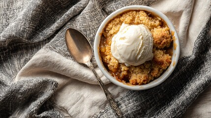 Top-down of cobbler with decorative spoon and neutral napkin