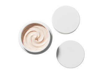 Cream jar with swirled texture and white lids for cosmetic product shot.