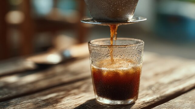 Pouring a refreshing dark brew into a misty, chilled glass over wooden table.