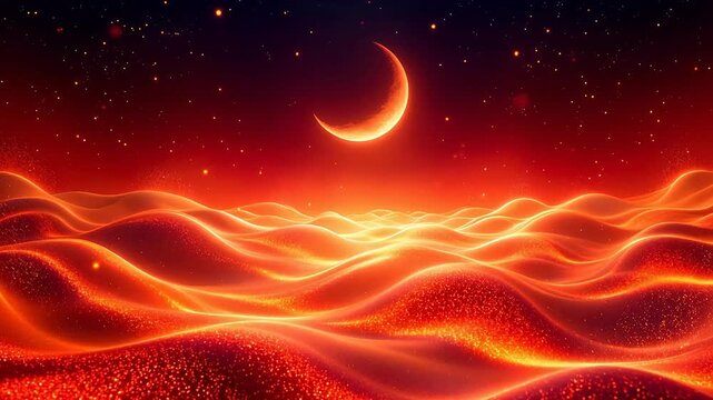 Abstract glowing landscape with crescent moon