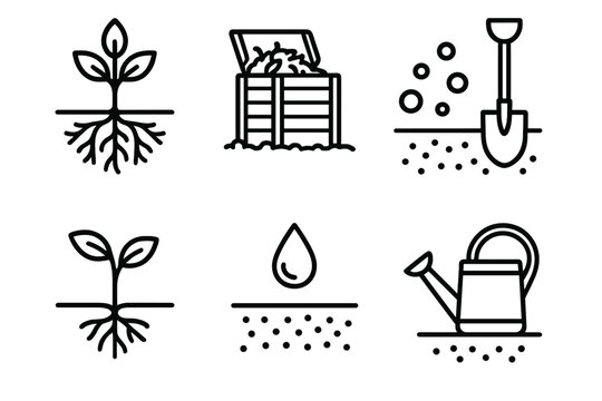 Minimalist Root System Icons. Root development concept linear icon set: plant root system, compost bin, fertilizer particles, shovel, seedling, droplet, soil layer, watering can