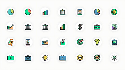 Collection of flat design icons representing finance business and technology concepts for digital presentations and websites