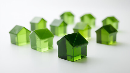 A group of translucent house figures arranged to illustrate property distribution, market segmentation and strategic real estate visualization.
