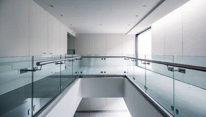 Modern Interior Design With White Walls Glass Railings And Natural Light Streaming Through Large Windows Creating An Open Airy Atmosphere