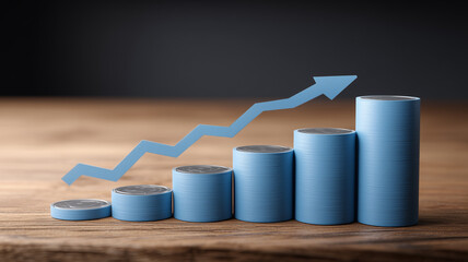 Blue cylindrical stacks forming an ascending graph symbolizing financial growth, strategic planning and measurable economic improvement.