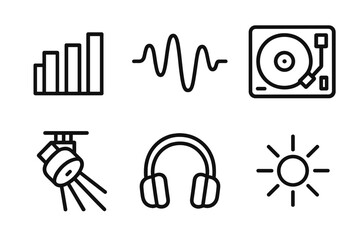 Sound and Lights Icons. Sound & Lights linear icon set. equalizer, waveform, DJ deck, laser beam, headphones, glow