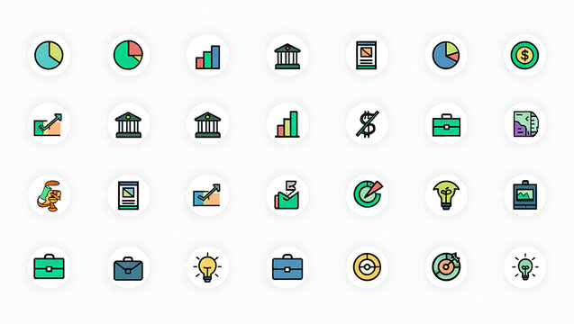 Collection of flat design icons representing finance business and technology concepts for digital presentations and websites - Powered by Adobe