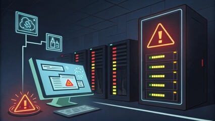 Warning Alert Icon on Computer Monitor Indicates Server Attack