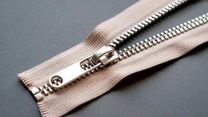 Close up of a metallic zipper with a beige fabric tape on a dark background