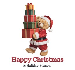 Adorable teddy bear dressed as santa claus carries a large stack of festive christmas presents