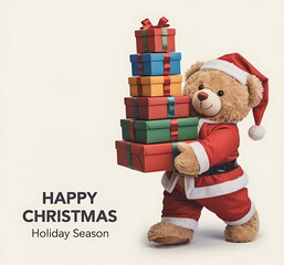Adorable teddy bear dressed as santa claus carries a stack of colorful christmas presents