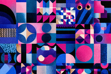 Obraz premium an abstract geometric mosaic pattern with bold shapes and textures in vibrant pink blue and purple
