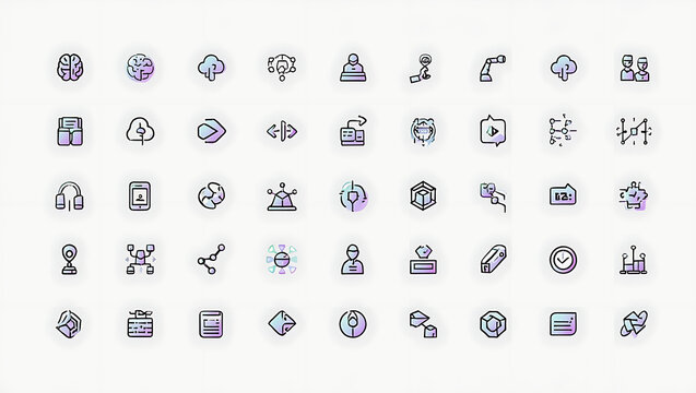 A grid of small abstract blue and white line art icons representing various concepts like technology science and communication