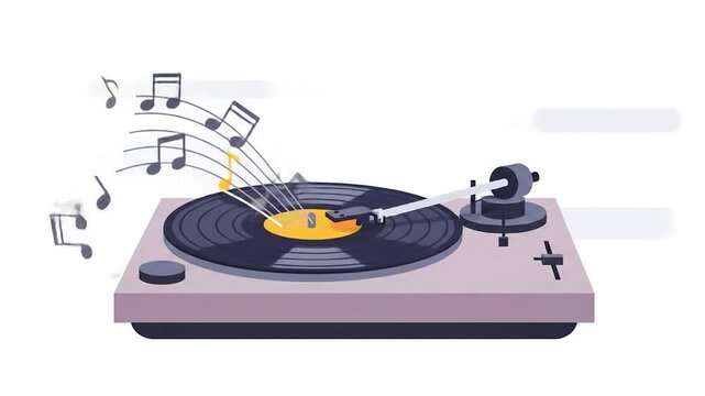Retro Vinyl Record Player Illustration with Musical Notes Animation and Modern Design