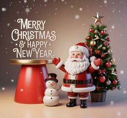 Joyful santa claus and snowman celebrate christmas and new year with festive tree