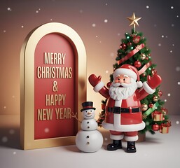 Festive santa claus figure with snowman and decorated christmas tree beside a merry christmas and happy new year sign