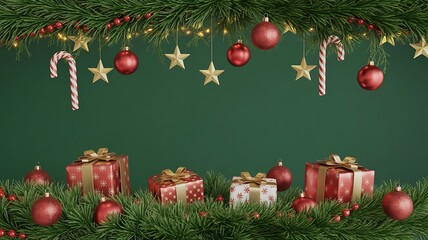 Festive christmas garland with ornaments and gifts against a deep green background