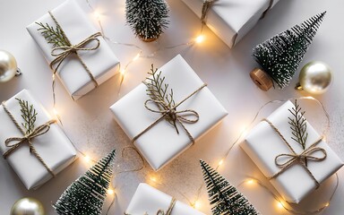 Cozy christmas gifts wrapped in white paper adorned with pine sprigs and twine surrounded by fairy lights