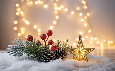 Festive christmas decoration with frosted pine sprig berries pinecones and glowing star light