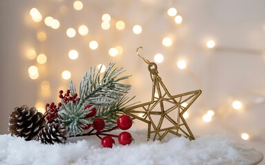 Festive christmas star ornament and pine sprig resting on snow with bokeh lights