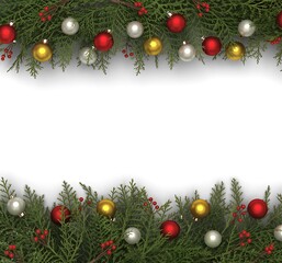 Festive christmas garland border with red gold and silver ornaments on white background