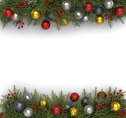 Festive christmas garland border with ornaments and pine needles on white background
