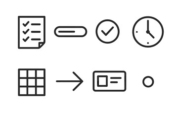Task Management Icons. Activity Log linear icon set: checklist page, progress bar, task marker, time stamp, daily grid, action arrow, record card, routine dot