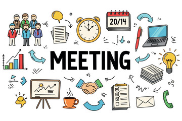 Fototapeta premium Colorful meeting concept with doodles of people, charts, clock, and office items