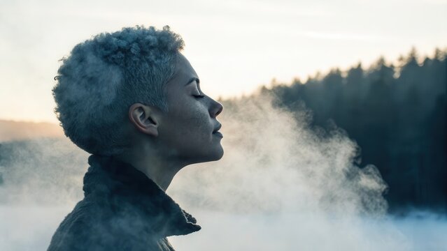 Woman exhaling fog during a therapy session outdoors
