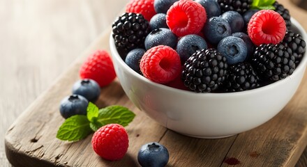 A white bowl filled with a fresh mix of organic berries including raspberries blueberries and blackberries on a wooden board.
