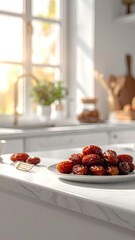 Close Up Shot of Dates Placed on White Plate in Bright Kitchen near Window