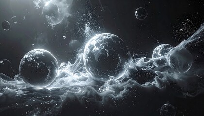 Dreamlike, floating celestial orbs shrouded in ethereal, smoky tendrils against a dark background