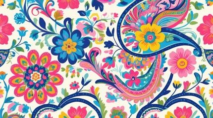 Vibrant Floral Paisley: An exquisite illustration showcases an intricate tapestry of colorful paisley and floral patterns. With a symphony of vibrant hues and delicate motifs.