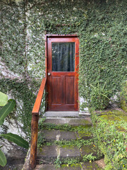 Beautiful wooden door surrounded by lush greenery in a serene setting