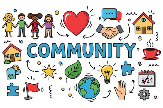 Diverse community symbols: unity, communication, growth, peace, sustainability