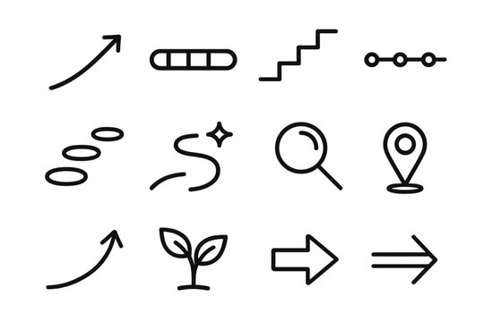 Icons of Progress. Steady Progress linear icon set: rising arrow, progress bar, stepping stones, timeline dots, effort spark, guided path, focus lens, milestone marker, upward