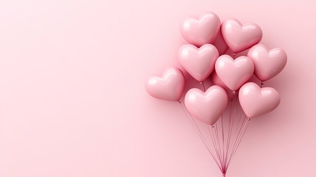 happy valentine's day concept with heart-shaped balloons on a pastel pink background, minimalistic style, with copy space for text, 3d rendering, love concept, wedding party banner template