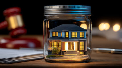A symbolic miniature home preserved inside a glass jar representing security, legal protection and long-term property stability.
